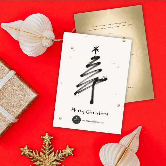 Gold Confetti Stylish Brush Tree Modern Business Holiday Card (Creator Uploaded)