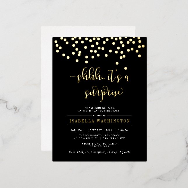 Gold Confetti Surprise Birthday Party Foil Invitation Postcard (Front/Back)
