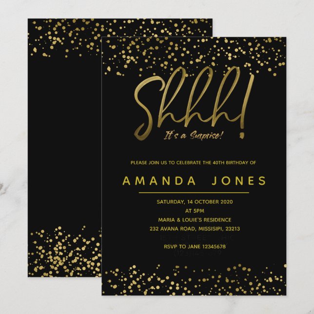 Gold Confetti Surprise Birthday Party Invitation (Front/Back)