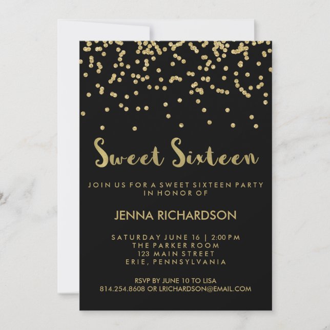 Gold Confetti Sweet Sixteen Party on Black Invitation (Front)