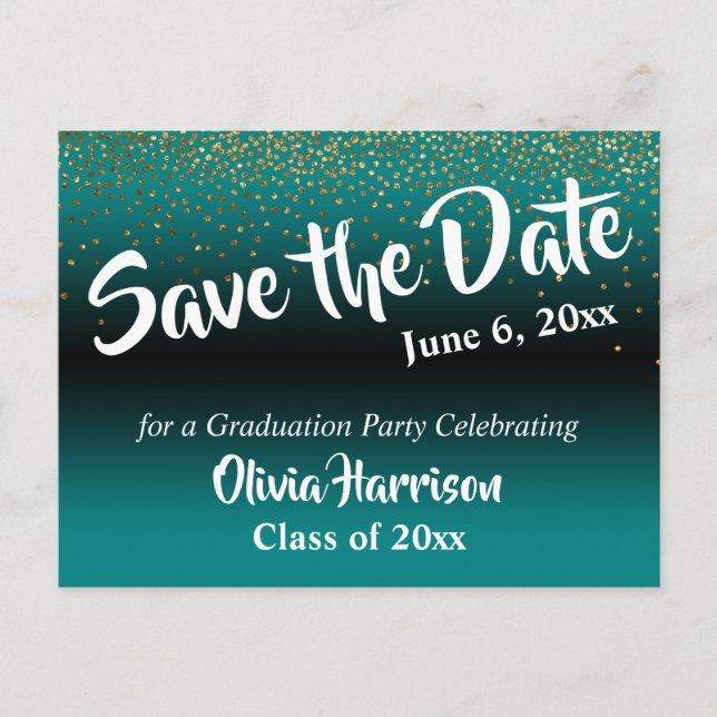 Gold Confetti Teal Graduation Save the Date Postcard (Front)