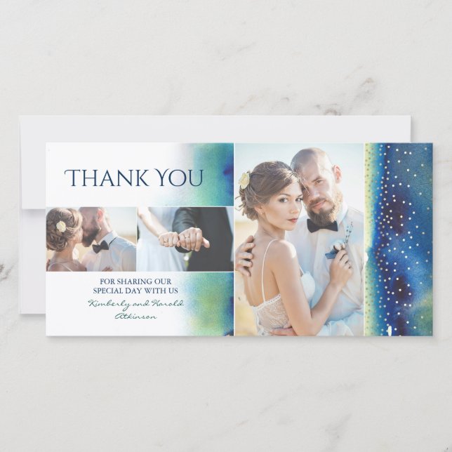Gold Confetti Teal Watercolors Wedding Thank You Card (Front)