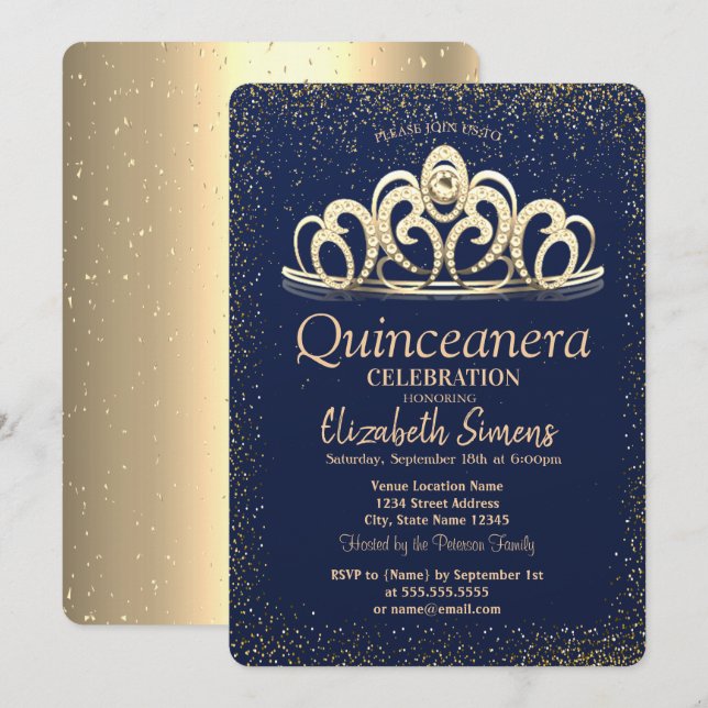 Gold Confetti Tiara Navy Blue Quinceañera   Invitation (Front/Back)