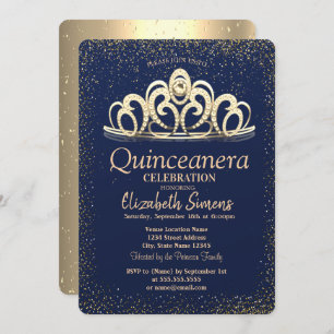Gold Confetti Tiara Navy Blue Quinceañera   Invitation