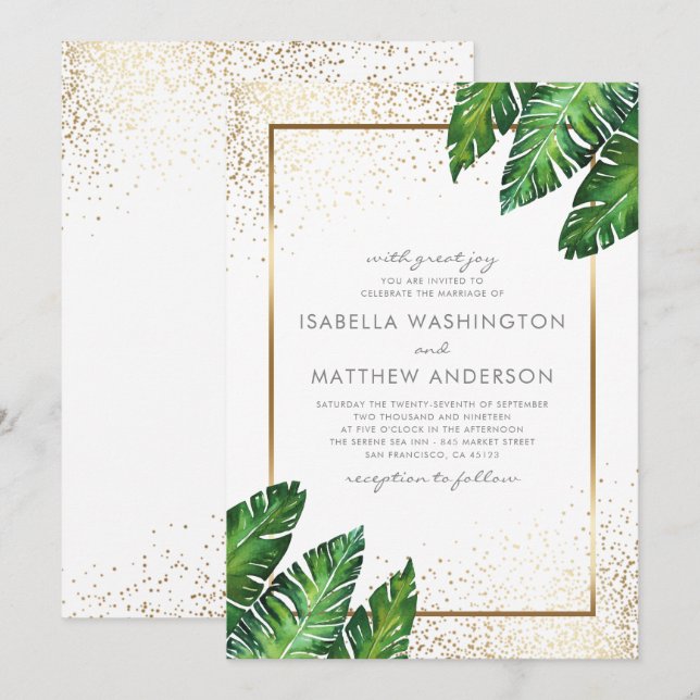 Gold Confetti & Tropical Palm Leaves Wedding Invitation (Front/Back)