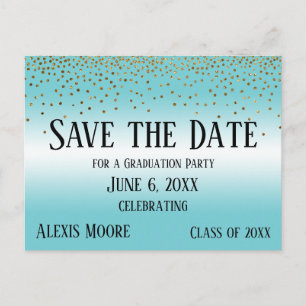 Gold Confetti Turquoise Graduation Save the Date Postcard