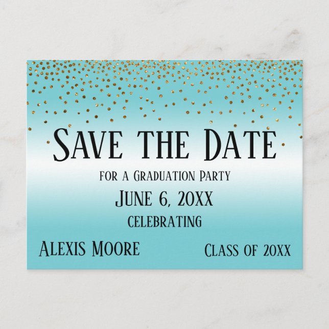 Gold Confetti Turquoise Graduation Save the Date Postcard (Front)