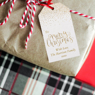Gold Confetti Typography Merry Christmas Gift Tags