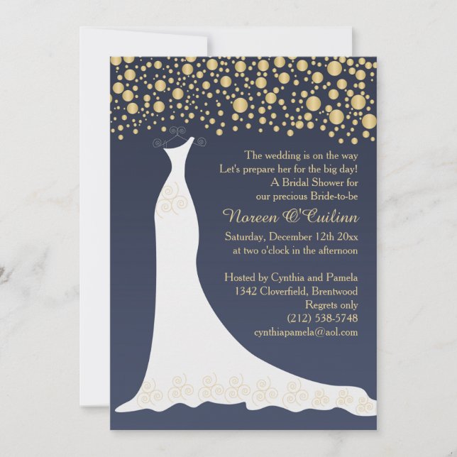 Gold confetti, wedding gown on blue Bridal Shower Invitation (Front)