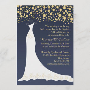 Gold confetti, wedding gown on blue Bridal Shower Invitation