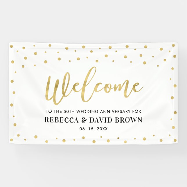 Gold Confetti Welcome Wedding Anniversary Party Banner (Horizontal)