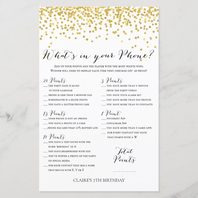Gold Confetti What's in your phone Birthday Game (Front)