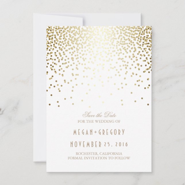 Gold Confetti White Elegant Save the Date (Front)