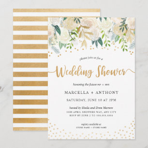 Gold Confetti + White Floral Couples Invitation