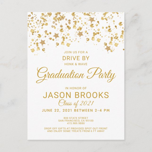 Gold Confetti White Graduation Party Drive By Announcement Postcard (Front)