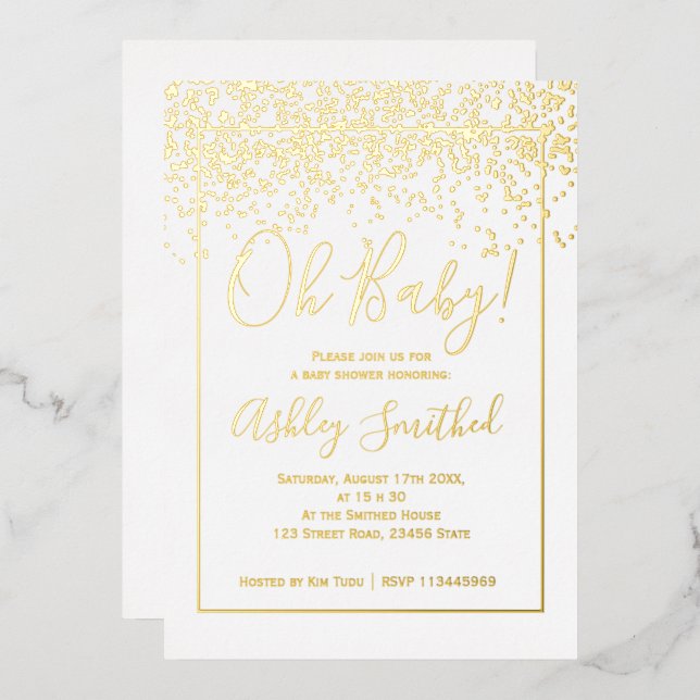 gold confetti white typography baby shower (Front/Back)