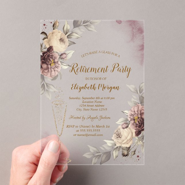 Gold Confetti Wine Glass Blush Roses Retirement Acrylic Invitations (Insitu (Handheld))