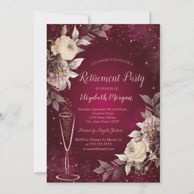  Gold Confetti Wine Glass Blush Roses Retirement Invitation (Front)