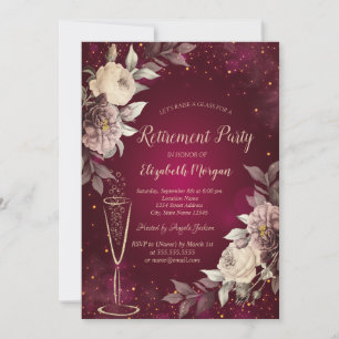 Gold Confetti Wine Glass Blush Roses Retirement Invitation