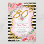 Gold Confetti with Pink Floral 90th Birthday Invitation<br><div class="desc">An elegant feminine design of watercolor flowers in soft shades of pink with a touch of greenery on a background of black and white horizontal line and s splash of gold confetti. You can further customise this card by clicking the "customise it" button.</div>