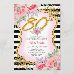Gold Confetti with Pink Floral 90th Birthday Invitation