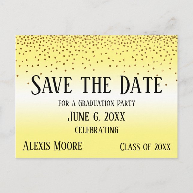 Gold Confetti Yellow Graduation Save the Date Postcard (Front)