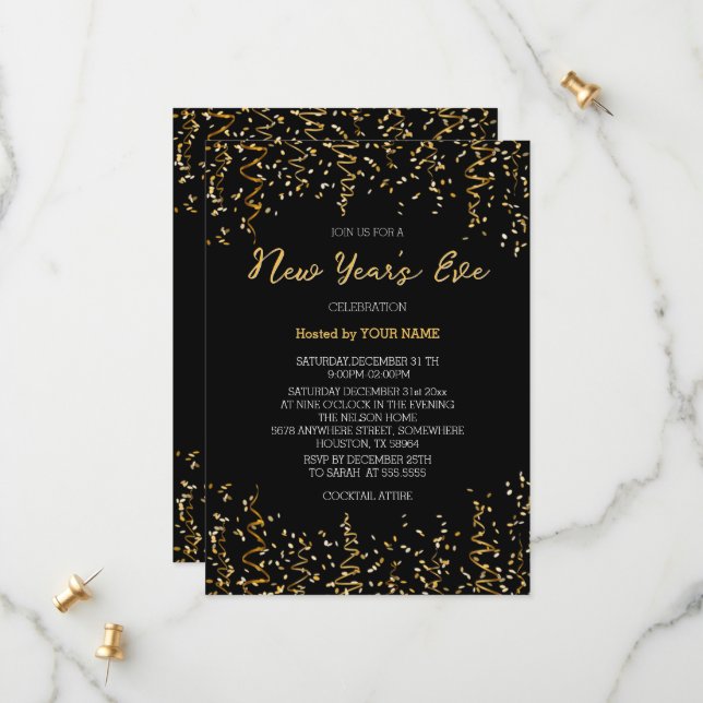Gold Conffeti Black Elegant New Year's Invitation (Front/Back In Situ)