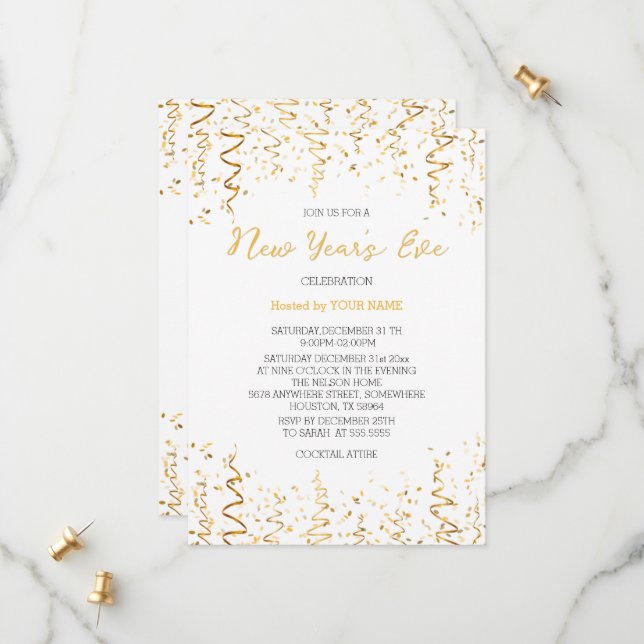 Gold Conffeti White Elegant New Year's Invitation (Front/Back In Situ)