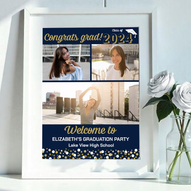 Gold Congrats Grad 3 photo collage Welcome Sign (Creator Uploaded)