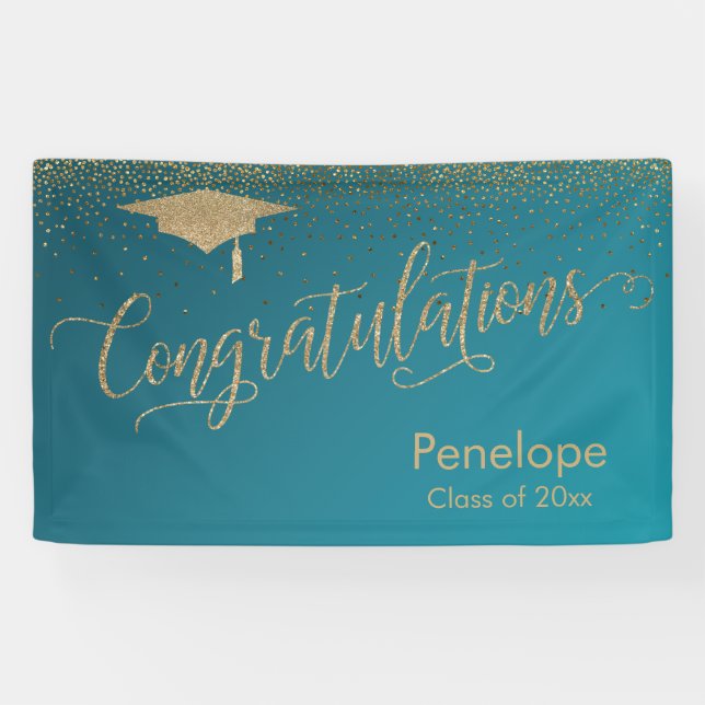 Gold Congratulations Graduation Ombre Teal Banner (Horizontal)