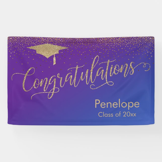 Gold Congratulations Graduation Purple Blue Ombre Banner (Horizontal)