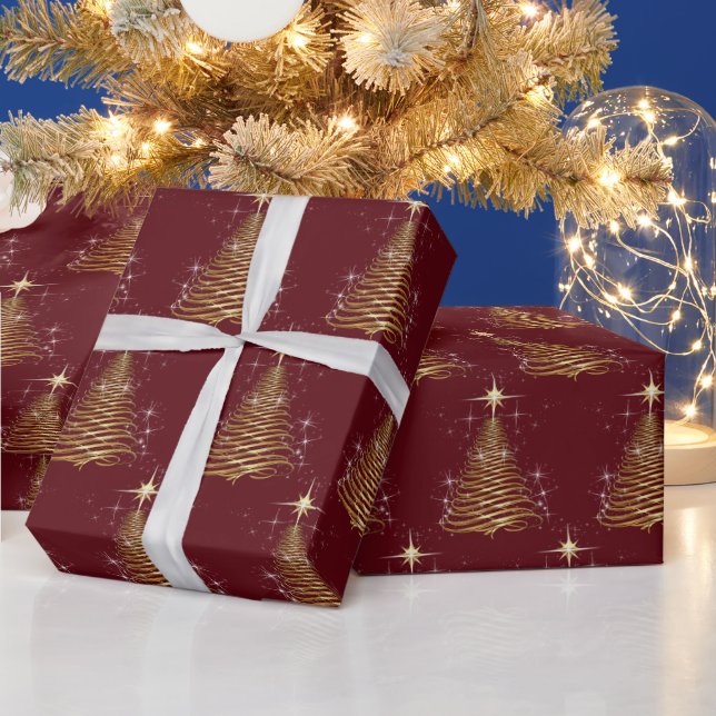 Gold Contemporary Christmas Tree On Maroon Wrapping Paper (Holidays)