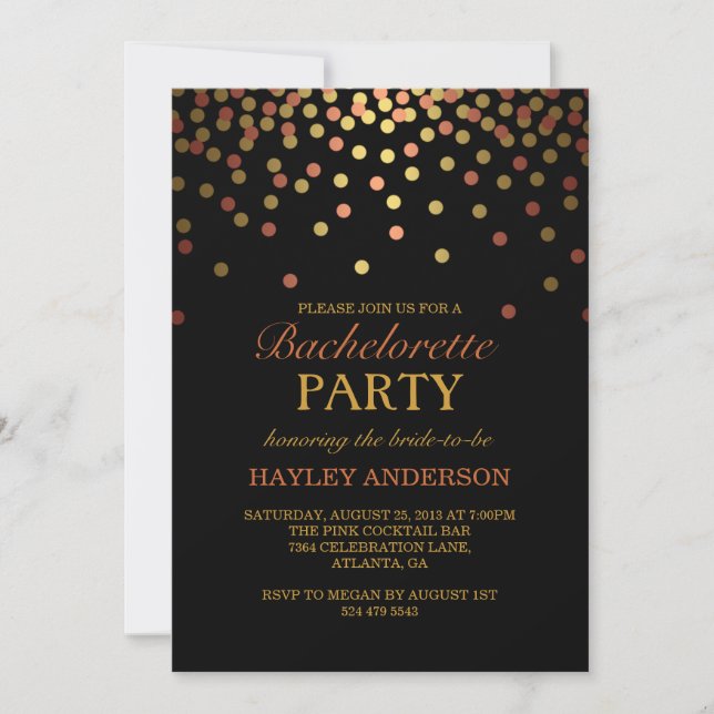 Gold & Copper Confetti Bachelorette Invitation (Front)