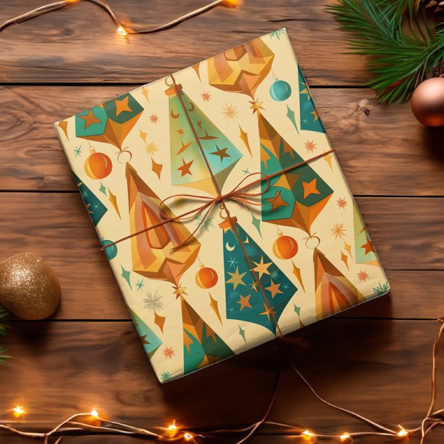 Gold Copper Retro Mid Century Modern Christmas Wrapping Paper (Vintage retro mid century modern christmas wrapping paper in warm golds, coppers, and teals.)