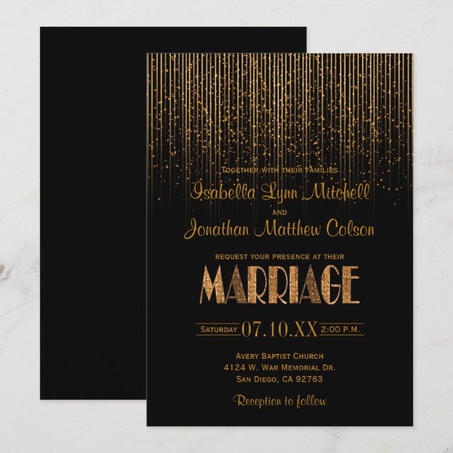 Gold Copper Star Rain Shower & Black Wedding Invitation (Front/Back)