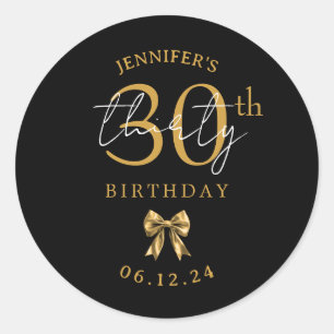Gold Coquette Bow 30th Birthday Party Black Classic Round Sticker