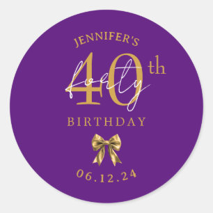 Gold Coquette Bow 40th Birthday Party Purple Classic Round Sticker