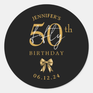 Gold Coquette Bow 50th Birthday Party Black Classic Round Sticker