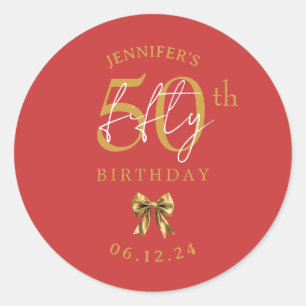 Gold Coquette Bow 50th Birthday Party Red Classic Round Sticker