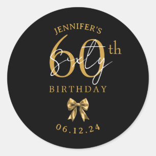 Gold Coquette Bow 60th Birthday Party Black Classic Round Sticker