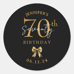Gold Coquette Bow 70th Birthday Party Black Classic Round Sticker