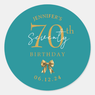 Gold Coquette Bow 70th Birthday Party Turquoise  Classic Round Sticker