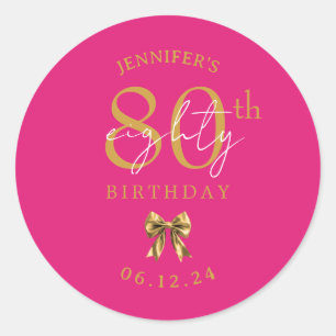 Gold Coquette Bow 80th Birthday Party Hot Pink  Classic Round Sticker
