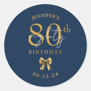 Gold Coquette Bow 80th Birthday Party Navy Blue Classic Round Sticker