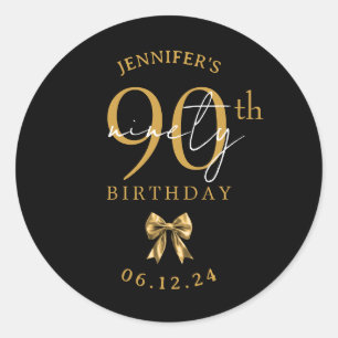 Gold Coquette Bow 90th Birthday Party Black Classic Round Sticker