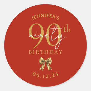 Gold Coquette Bow 90th Birthday Party Red Classic Round Sticker