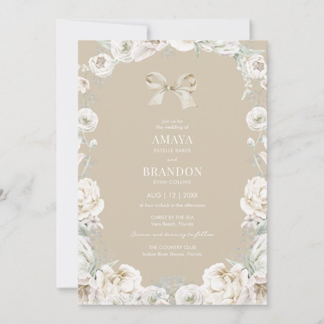 Gold Coquette Bow Floral Wedding Invitation (Front)