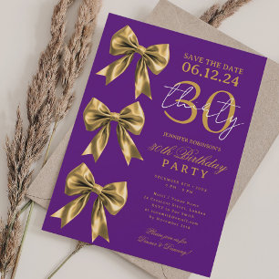 Gold Coquette Bow Save Date 30th Birthday Purple Invitation