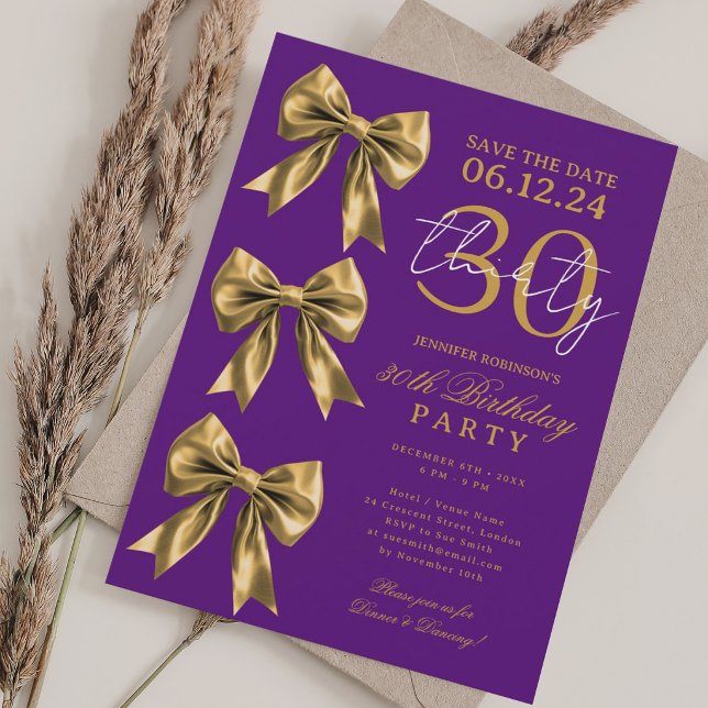Gold Coquette Bow Save Date 30th Birthday Purple  Invitation (Gold Coquette Bow Save Date 30th Birthday Purple Invitation)