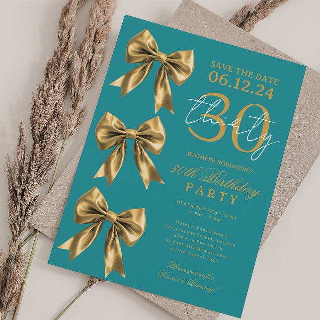 Gold Coquette Bow Save Date 30th Birthday Teal  Invitation (Gold Coquette Bow Save Date 30th Birthday Teal Invitation)